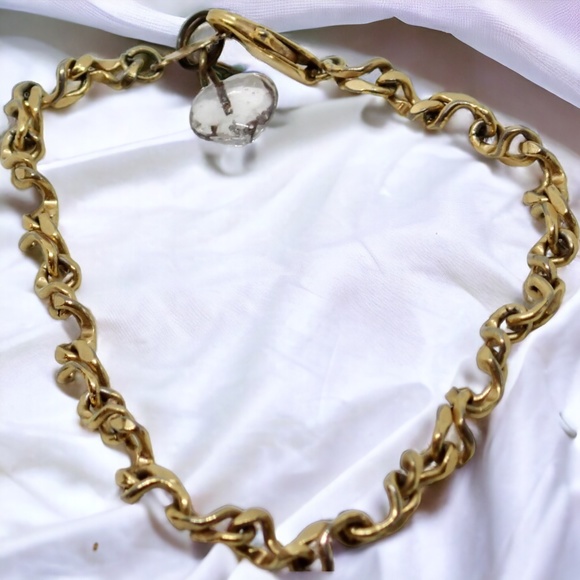 Jewelry - 24K GFL Chain Link Bracelet Dainty Vintage Links with Glass Heart Charm 7" Long